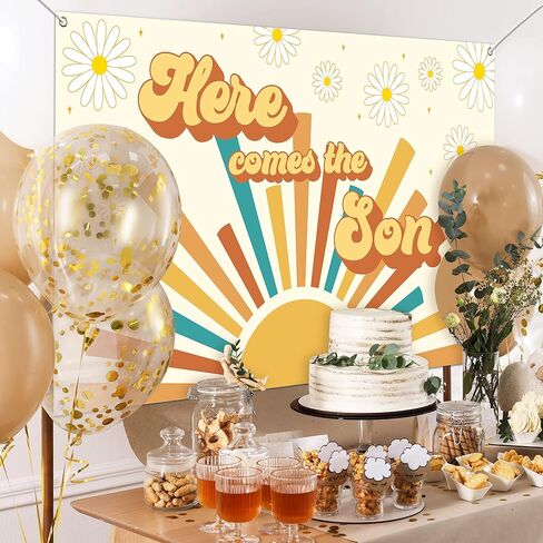Here Comes The Son Baby Shower Backdrop Retro Sunshine Baby Shower Background Banner Cake Table Decor Photobooth Gift Prop Fabric 72.8 x 43.3 Inch in Saudi Arabia
