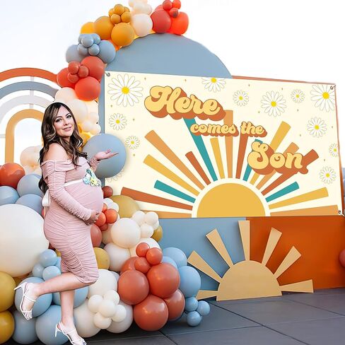 Here Comes The Son Baby Shower Backdrop Retro Sunshine Baby Shower Background Banner Cake Table Decor Photobooth Gift Prop Fabric 72.8 x 43.3 Inch in Saudi Arabia