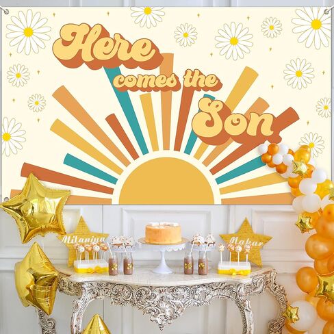 Here Comes The Son Baby Shower Backdrop Retro Sunshine Baby Shower Background Banner Cake Table Decor Photobooth Gift Prop Fabric 72.8 x 43.3 Inch in Saudi Arabia