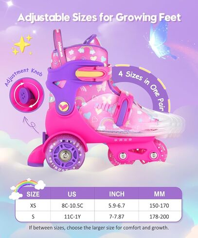 Kids Roller Skates for Beginners - ZOOBLISS 4 Adjustable Sizes Tri-Wheel Skates for Girls and Boys Ages 3-7, Toddler Roller Skates with Light-Up Wheels in Saudi Arabia
