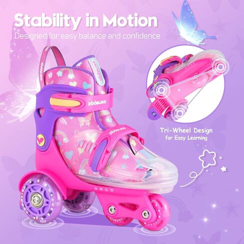 Kids Roller Skates for Beginners - ZOOBLISS 4 Adjustable Sizes Tri-Wheel Skates for Girls and Boys Ages 3-7, Toddler Roller Skates with Light-Up Wheels in Saudi Arabia