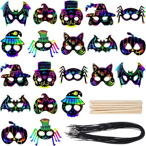 KXCOFTXI Halloween Mask Craft Kit for Kids, DIY Rainbow Scratch Art Masks for Halloween and Animal Birthday Party in Kuwait