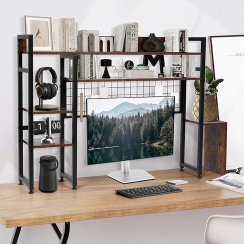 Desk Shelf, Desktop Bookshelf Organizer, 2-Tier Multipurpose Countertop Hutch Display Shelf Adjustable Wood Bookcase Organizer for Dorm Office Home - Brown in Saudi Arabia