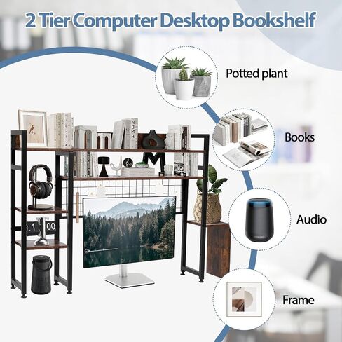 Desk Shelf, Desktop Bookshelf Organizer, 2-Tier Multipurpose Countertop Hutch Display Shelf Adjustable Wood Bookcase Organizer for Dorm Office Home - Brown in Saudi Arabia