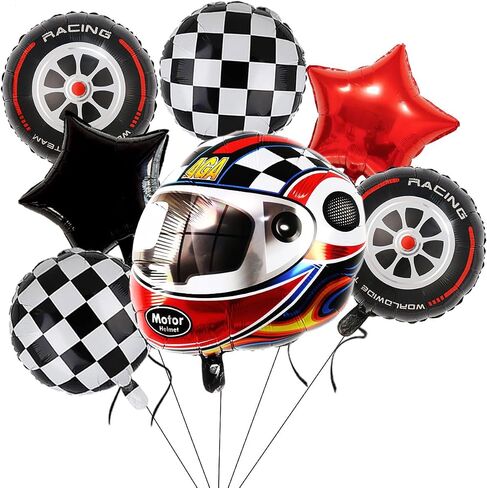 Race Car Helmet Balloons, Wheels Tire Birthday Party Supplies, Black and White Foil Checkered Balloons, Boys Bicycle Motorcycle Truck Theme Party Decorations 7 Pcs in Kuwait