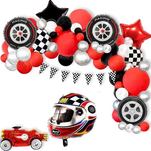 Race Car Helmet Balloons, Wheels Tire Birthday Party Supplies, Black and White Foil Checkered Balloons, Boys Bicycle Motorcycle Truck Theme Party Decorations 7 Pcs in Kuwait