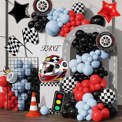 Race Car Helmet Balloons, Wheels Tire Birthday Party Supplies, Black and White Foil Checkered Balloons, Boys Bicycle Motorcycle Truck Theme Party Decorations 7 Pcs in Kuwait