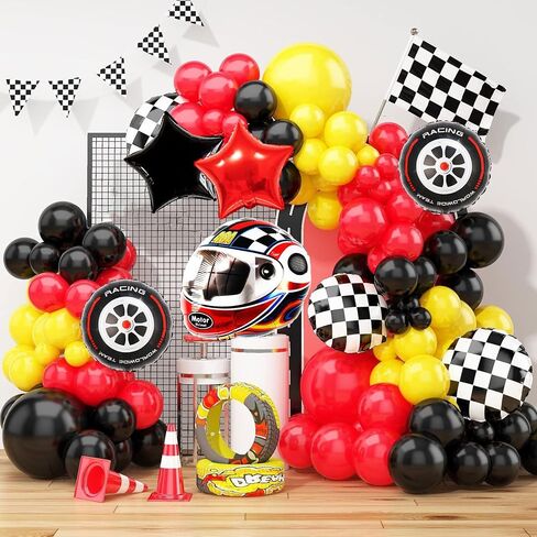 Race Car Helmet Balloons, Wheels Tire Birthday Party Supplies, Black and White Foil Checkered Balloons, Boys Bicycle Motorcycle Truck Theme Party Decorations 7 Pcs in Kuwait