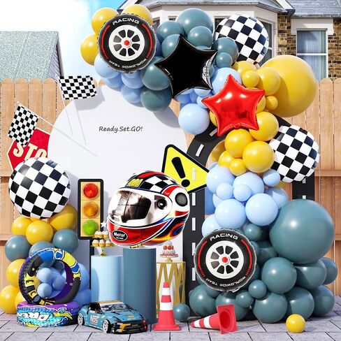 Race Car Helmet Balloons, Wheels Tire Birthday Party Supplies, Black and White Foil Checkered Balloons, Boys Bicycle Motorcycle Truck Theme Party Decorations 7 Pcs in Kuwait