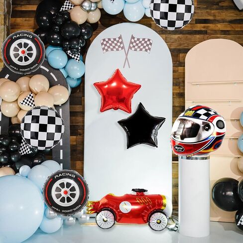 Race Car Helmet Balloons, Wheels Tire Birthday Party Supplies, Black and White Foil Checkered Balloons, Boys Bicycle Motorcycle Truck Theme Party Decorations 7 Pcs in Kuwait