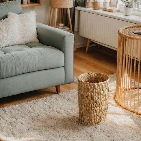 Small Wicker Trash Can, Bathroom Woven Water Hyacinth Wicker Waste Basket for Bedroom, Decorative Boho Trash Can for Bathroom、Home Office、Kitchen(2 Gallons) in Saudi Arabia
