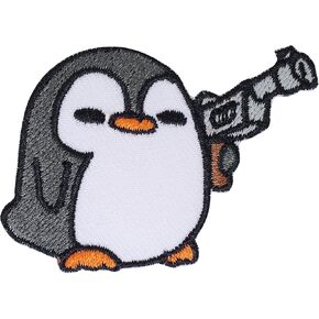 Gun Penguin Iron On Patch Embroidered Patch Saw On/Iron On Applique for Jeans, Hats, Bags