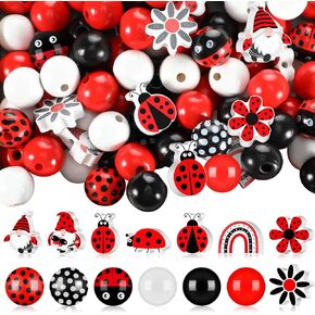 Buryeah 200 Pcs Ladybug Wooden Beads 16mm Colorful Ladybug Round Beads 20mm Gnome Ladybird Rainbow Flower Shaped Beads for Summer DIY Jewelry Garland Making (Ladybird)