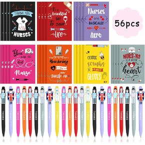 Tinlade 56 Pcs Nurse Thanks Pens and Notebooks Bulk Appreciate Gifts Inspirational Notepad Thanks Retractable Pens for Nurse Appreciation Gifts students School Graduation Office