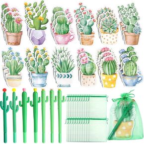 Seajan 36 Sets Back to School Gifts Bulk Cactus Party Favors Sticky Notes with Ballpoint Pen and Green Organza Bags Cactus Party Inspirational Gift for School Office Home Supplies