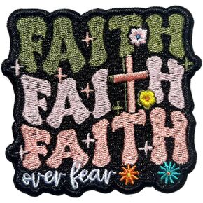 Faith over Fear Patch, Vintage Cross 3 Inches Iron On/Sew On Embroidered Applique Fabric Faith Scripture Patches for Clothes Backpacks Hat Jeans, Religious Embroidery Patches for Christians