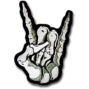 Verani M Size Skeleton Satan Devil Horn Hand Sign Symbol Patch Embroidered Iron on Jolly Roger Crossbones Grim Reaper Anarchy Heavy Metal Hard Rock Punk Tattoo Badge Emblem