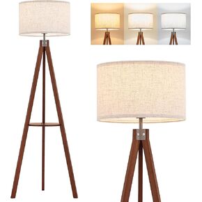 ELYONA Wood Tripod Floor Lamp with Table, Shelf Standing Light with 3 Color Temperatures LED Bulb, Mid Century Modern Wooden Tall Floor Lamp with Linen Shade for Living Room Bedroom Office,Dark Brown