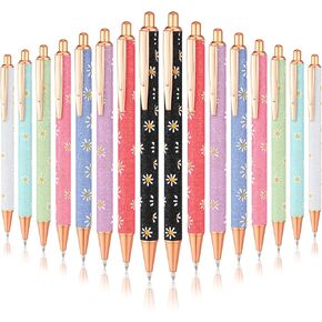 Jutom 16 Pcs Fancy Pens for Women Glitter Ballpoint Pens Pretty Cute Metal Retractable Writing Tool Black Ink Medium Point 1.0 mm for Women Student(Daisy Style)