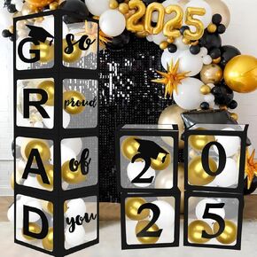 Pack of 4-12x12x12 Inches Black Clear GRAD Balloon Boxes with Letters 'GRAD & So Proud of You' for Memorable Graduation Party Decorations 2025 Indoor Outdoor Home Door