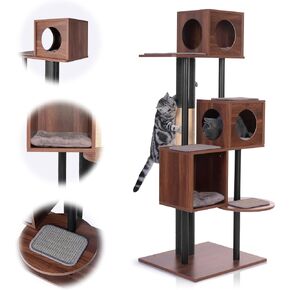 Modern Cat Tree,Beautiful Wood Grain Cat Furniture (59.6") with 3 Hiding Holes, Tallest Scratching Post(48"),Spacious for Cats to Climb & Jump
