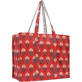 Cotton Hand Block Floral Print Tote For Women Handbag For Work Laptop Bag Foldable Travel Beach Shoulder Lightweight Free Size Washable Durable All Purpose Large Tote Daily Casual (Red)