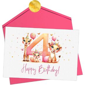 Joli Coon 2nd Birthday card girl - Premium Happy Birthday cards for children - 2 year old birthday card girl with envelope and golden seal