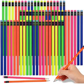 Outus Neon Pencils for Kids HB Wood Pencil with Eraser Fluorescent Colored Wood Pencils Colorful Round Pencils Writing Drawing Pencils School Student Reward Supplies (90)