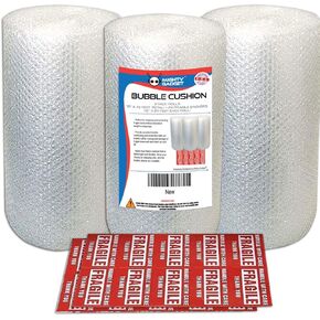 3 Pack Mighty Gadget Bubble Cushioning Wrap Rolls, Air Bubble, 12 Inch x 72 Feet Total, Perforated Every 12", 20 Bonus Fragile Stickers Included