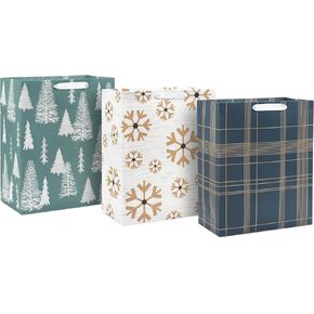 Hallmark 13" Christmas Gift Bags (4 Large White Bags: Gold Snowflakes, Gold Plaid) for Holiday Parties, Winter Weddings, Bridal Showers