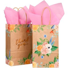 DjinnGlory 50 Pack 10''x8''x4'' Medium Sized Brown Kraft Vintage Floral Paper Bags with Pink Tissue Paper for Birthday Party Favors, Merchadises, Mother's Day, Wedding Gift Bags (Watercolor Flowers)