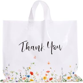 Crisky Thank You Bags 50 Pack Floral Plastic Merchandise Shopping Pack with Soft Loop Handle for Boutique Small Business Retail Gifts, 15" W x 12" H