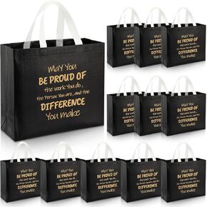 Paterr 12 Pcs Employee Appreciation Gift Bag Glossy Reusable 12.2 x 4.7 x 11 Inch May You Be Proud Thank You Bags with Handles for Employee(Black)