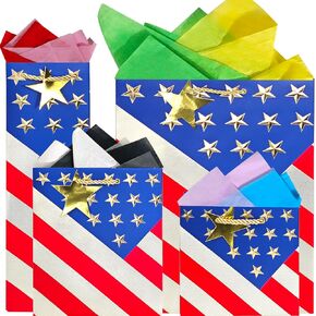 Suosicn 4 Pack Us Flag Paper Paper Bass مع مقابض أكياس هدايا متنوعة من أجل الاستقلال التذكاري ، وأعياد الميلاد ، يوم المحاربين القدامى ، الرابع من يوليو