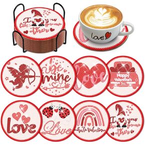 8 Pcs Valentine's Day Diamond Art Coaster Kit with Holder Valentine Love Gnome Diamond Art Coaster with Cork Bases for Adults Diamond Kit Supplies for Holiday Present