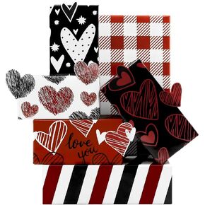 Valentines Wrapping Paper 6 Sheets,Love Hearts Red Black White Gift Wrapping Paper 6 Designs,Valentine's Day Gift Wrap 27 x 20Inch For Valentine's Day Anniversary Wedding Birthday Sweet Holiday Party