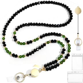 Lanyards for ID Badges for Women Cute,Teacher Lanyard for Women Retractable Natural Crystal Beaded Lanyards for Keys (Green Jasper)
