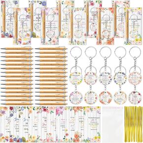 ANGOLIO 230Pcs Spanish Christian Floral Religious Gifts Bulk Bible Verse Bamboo Pen Floral Keychain Inspirational Bookmark Religious Party Gift Spread God's Word for Easter Bible Church Visitor
