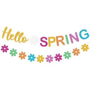 Hello Spring Banner Colorful Glitter Spring Wildflower Banner Garland, Spring Theme Party Decorations for Home, Spring Easter Theme Party Decorations, Indoor Outdoor Mantel Fireplace Hanging Decor