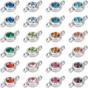 UNICRAFTALE 24pcs 12 Colors Crystal Birthstone Charms Stainless Steel Flat Round Rhinestone Connector Charms Glass Gemstone Pendants with Loop Connectors for Jewelry Making 12x6.5mm