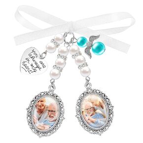 Wedding Bridal Bouquet Photo Charms Personalized Memorial Pendant You Are Always In My Heart Silvertone Keepsake Ribbon Bow Pearl Charm Customize for Wed Floral Picture Template (Double)