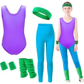 Kids 80s 90s Workout Costume for Girls Neon Party Halloween Cosplay 5Pcs Set