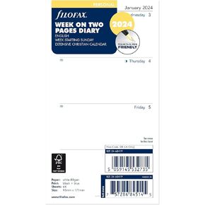 Filofax Calendar Diary Refill, Personal/Compact Size, Week-to-View with Notes Section, Sunday to Saturday, White Paper, Unruled, English, 2025 (C68419-25)
