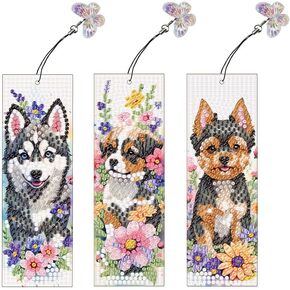 pigpigboss 3 Pieces Dog Diamond Painting Bookmark Kit, Flower Dog Diamond Art Bookmark, Acrylic Bookmark Painting Dog Arts Crafts for Adult Dog Lover Book Decor