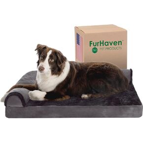 Furhaven Memory Foam Dog Bed for Large/Medium Dogs w/ Removable Bolsters & Washable Cover, For Dogs Up to 55 lbs - Plush & Velvet L Shaped Chaise - Platinum Gray, Large