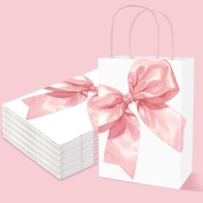 JarThenaAMCS 24Pcs Pink Bow Paper Bags with Handles Cute Bowknot Treat Bags Candy Goodie Bags Grocery Shopping Bags for Coquette Birthday Baby shower Party Favors Supplies