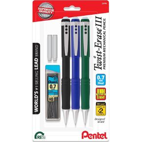 Pentel Twist Erase III Mechanical Pencil 0.7mm - Pre-Loaded Super Hi-Polymer HB Lead - Assorted Color Barrels - Includes Lead & Eraser Refills