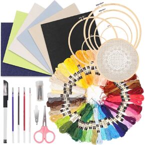 Keadic 78Pcs Embroidery Beginner Kit Contains 6 Colors Embroidery Fabric, Sewing Maker Pens, 50 Rainbow Colors Embroidery Thread, Circle Cross Stitch Hoop Rings, Cutter and Needles for Crafting