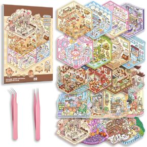 20 Sets DIY 3D Sticker Scene Collection Book for Kids Adults Cute Make Your Own Shop House Stickers for Gifts Stickers Therapy for Adult Relief Stress Pass The Time Play Park Hamburg Castle Library