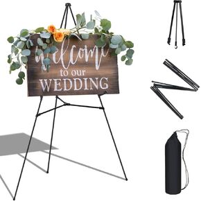 1 Pcs White Easel Stand for Wedding Signs, 65" Black Adjustable Welcome Sign Stand, Foldable Portable Sign Easel Stand with Accessories, Metal Poster Easel for Art Displays and Events